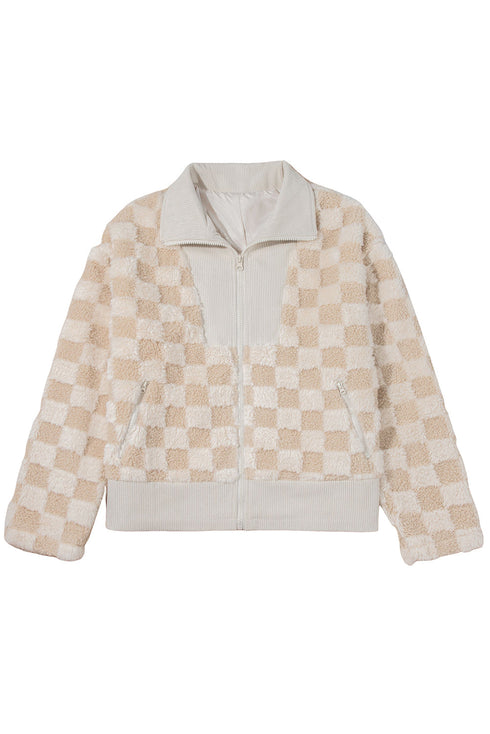 Plush Checkerboard Faux Fur Zip Up Jacket