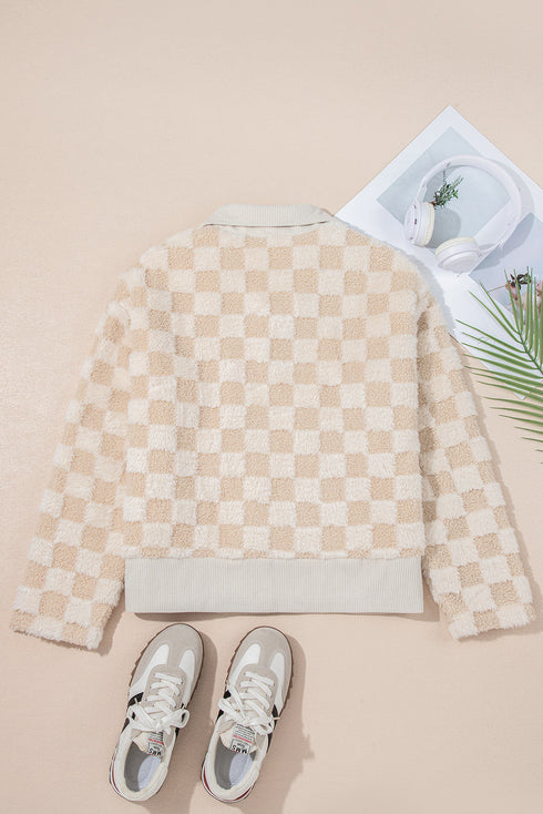 Plush Checkerboard Faux Fur Zip Up Jacket