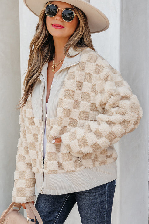Plush Checkerboard Faux Fur Zip Up Jacket