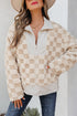 Plush Checkerboard Faux Fur Zip Up Jacket