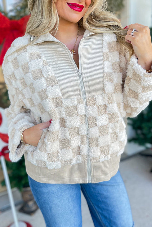 Plush Checkerboard Faux Fur Zip Up Jacket