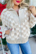 Plush Checkerboard Faux Fur Zip Up Jacket