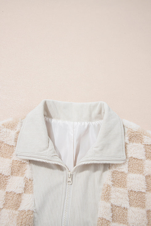 Plush Checkerboard Faux Fur Zip Up Jacket