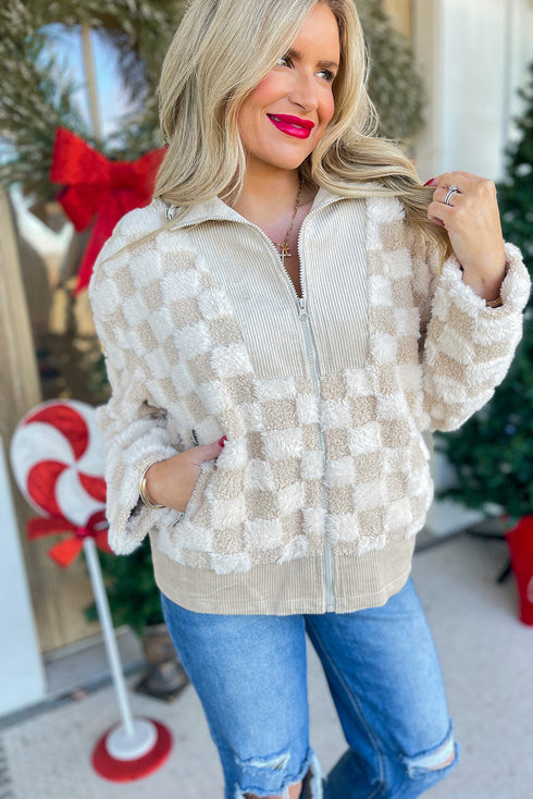 Plush Checkerboard Faux Fur Zip Up Jacket