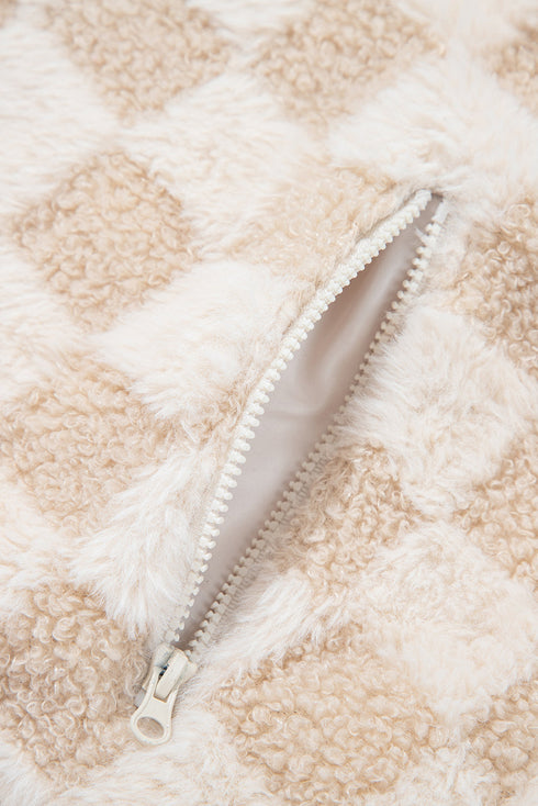 Plush Checkerboard Faux Fur Zip Up Jacket