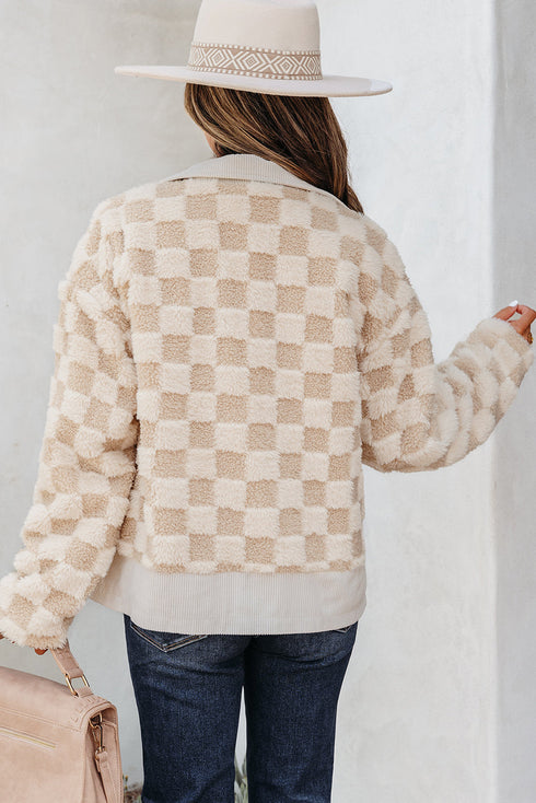 Plush Checkerboard Faux Fur Zip Up Jacket