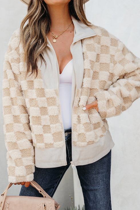 Plush Checkerboard Faux Fur Zip Up Jacket