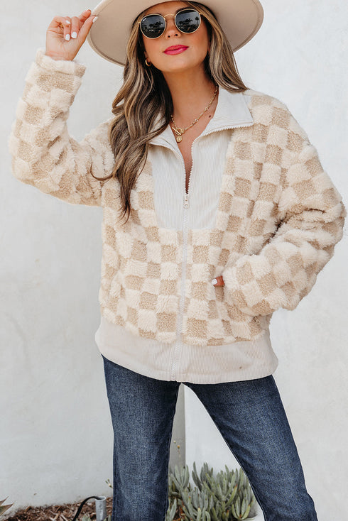 Plush Checkerboard Faux Fur Zip Up Jacket