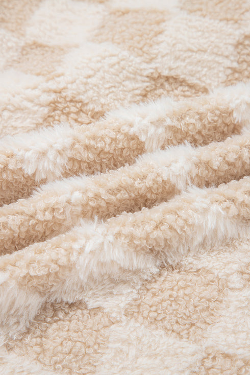 Plush Checkerboard Faux Fur Zip Up Jacket