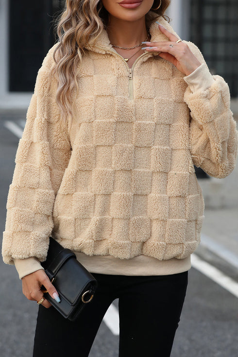 Plush Checkerboard Texture Quarter Zip Fleece Pullover