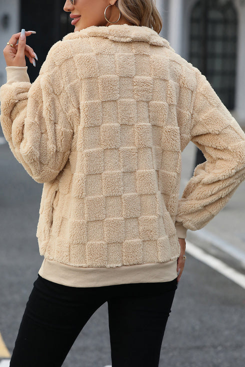 Plush Checkerboard Texture Quarter Zip Fleece Pullover