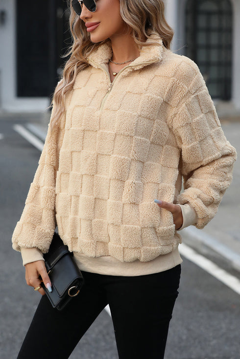 Plush Checkerboard Texture Quarter Zip Fleece Pullover