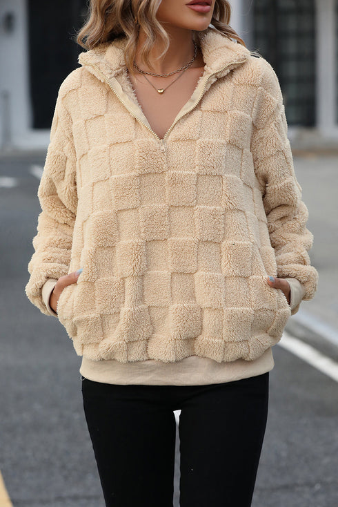 Plush Checkerboard Texture Quarter Zip Fleece Pullover