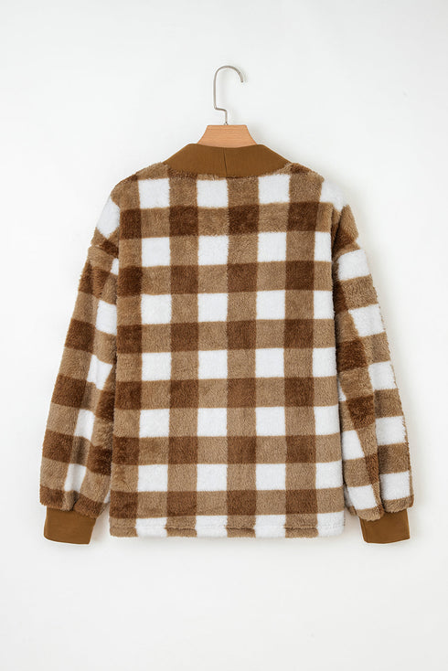 Plush Checkered Button Front V Neck Cardigan