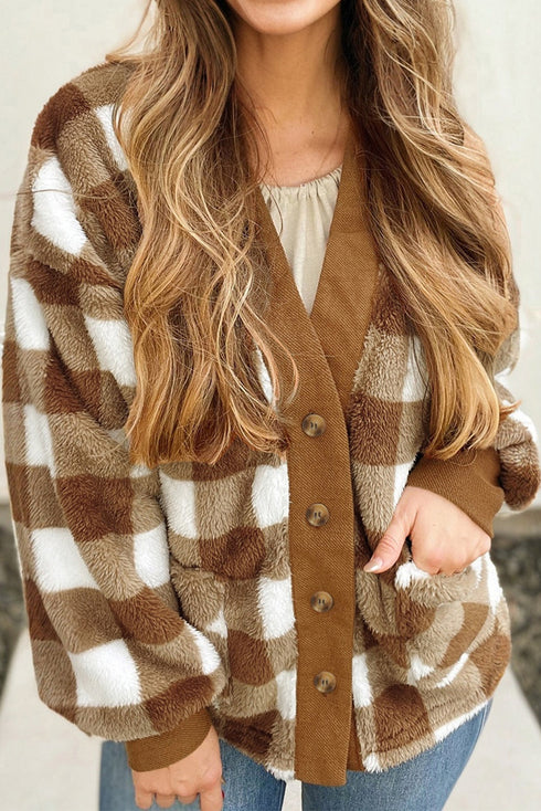 Plush Checkered Button Front V Neck Cardigan