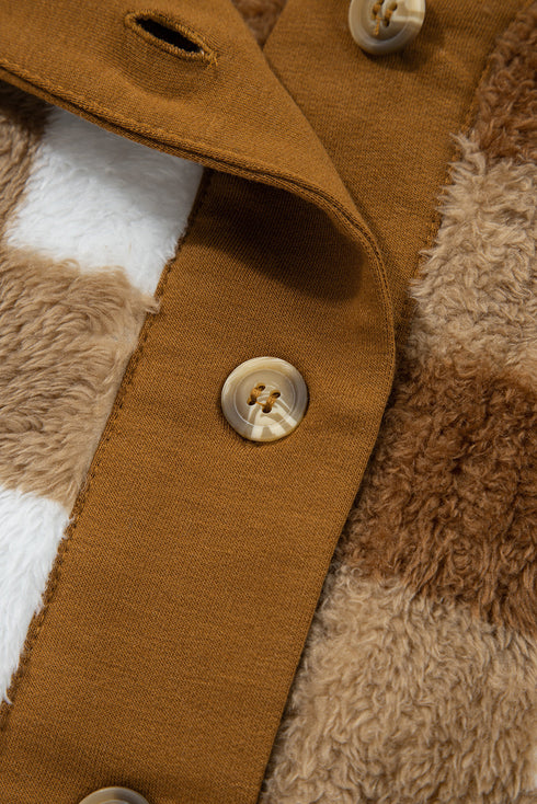 Plush Checkered Button Front V Neck Cardigan