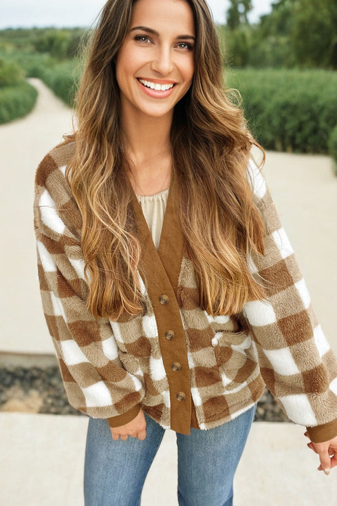 Plush Checkered Button Front V Neck Cardigan