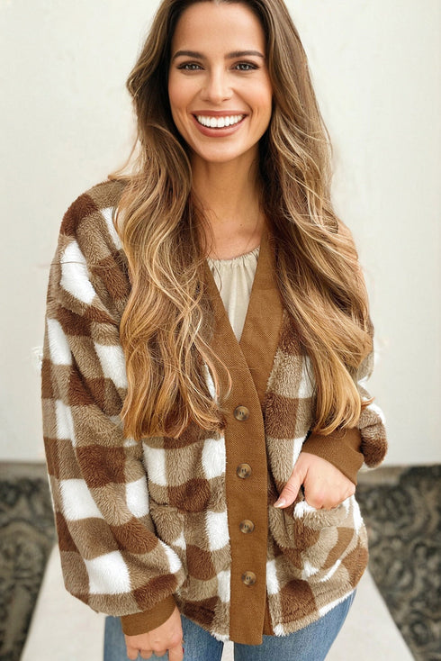Plush Checkered Button Front V Neck Cardigan