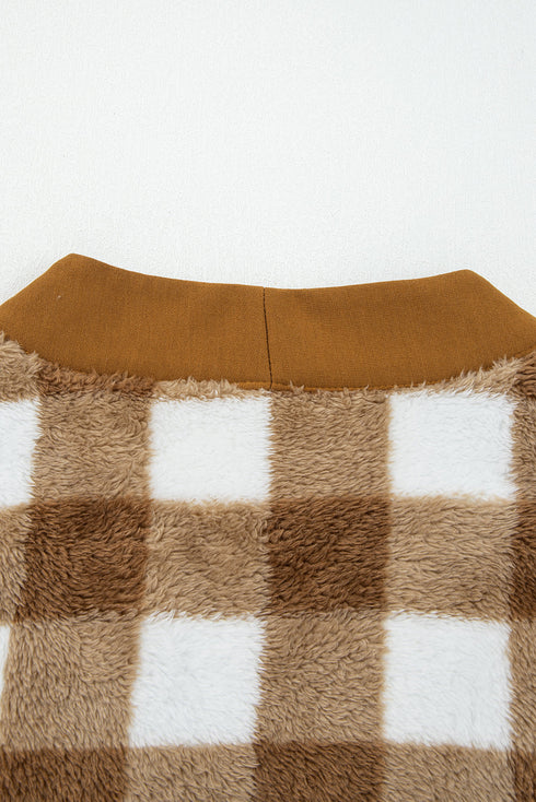 Plush Checkered Button Front V Neck Cardigan