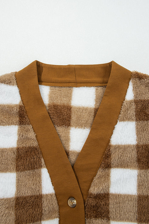 Plush Checkered Button Front V Neck Cardigan