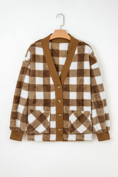 Plush Checkered Button Front V Neck Cardigan