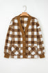 Plush Checkered Button Front V Neck Cardigan