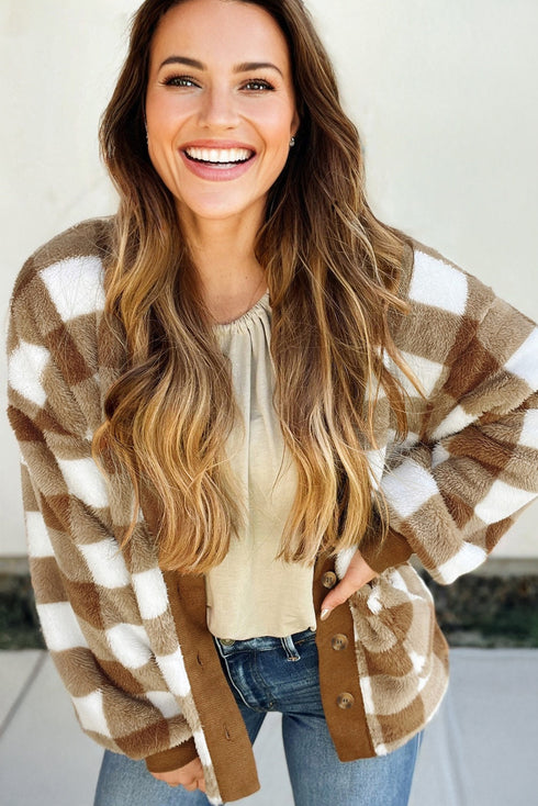 Plush Checkered Button Front V Neck Cardigan