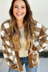 Plush Checkered Button Front V Neck Cardigan