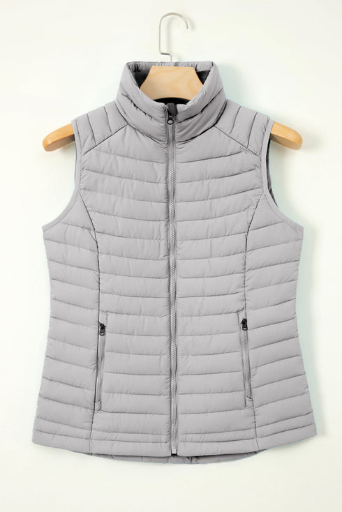 Plush Collared Quilted Zipped Puffer Vest