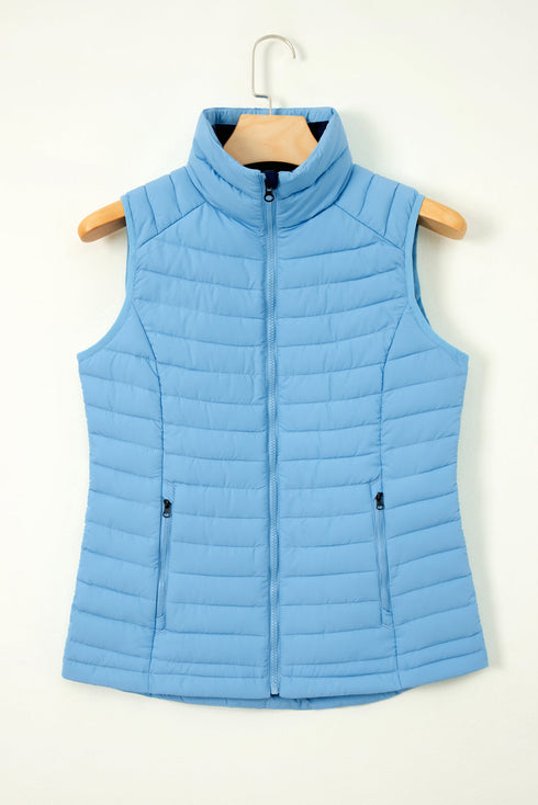Plush Collared Quilted Zipped Puffer Vest