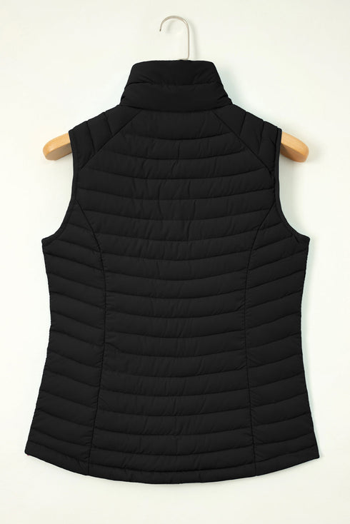 Plush Collared Quilted Zipped Puffer Vest
