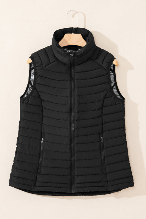 Plush Collared Quilted Zipped Puffer Vest