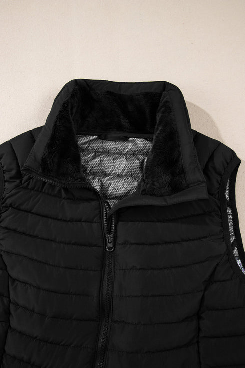 Plush Collared Quilted Zipped Puffer Vest