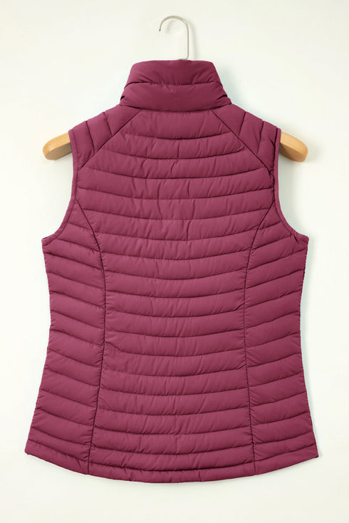 Plush Collared Quilted Zipped Puffer Vest