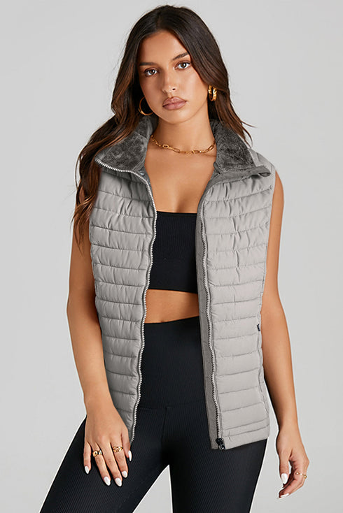 Plush Collared Quilted Zipped Puffer Vest