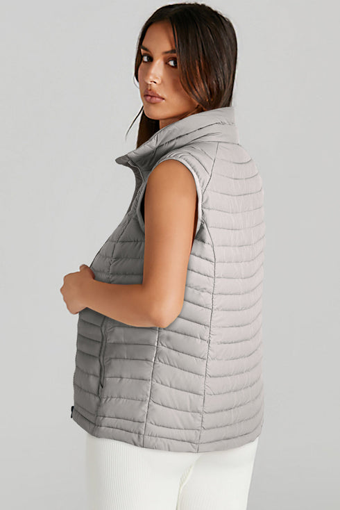 Plush Collared Quilted Zipped Puffer Vest