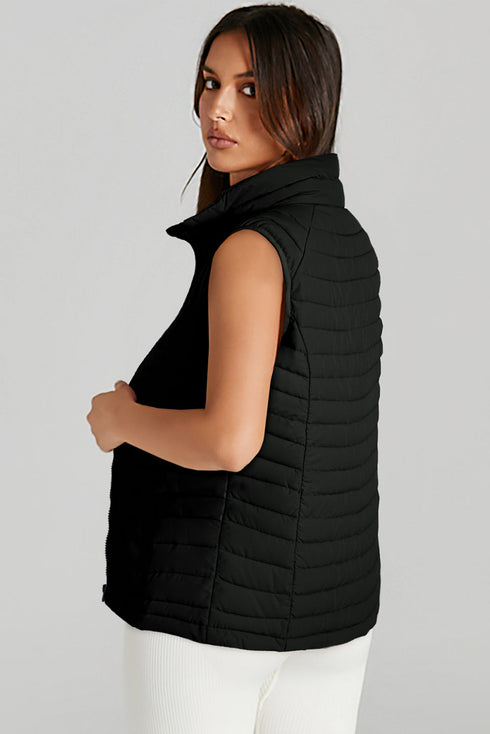 Plush Collared Quilted Zipped Puffer Vest