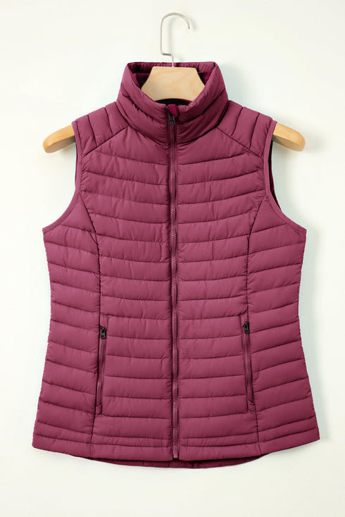 Plush Collared Quilted Zipped Puffer Vest