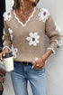 Plush Daisy Jacquard Scalloped V Neck Knit Sweater