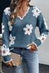 Plush Daisy Jacquard Scalloped V Neck Knit Sweater