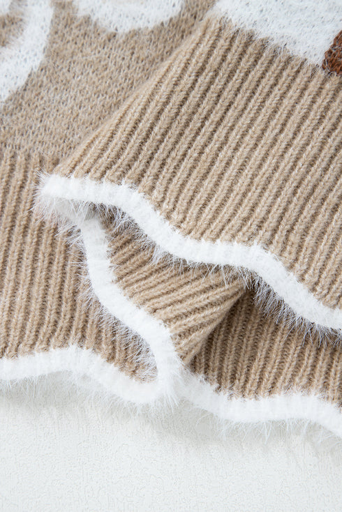 Plush Daisy Jacquard Scalloped V Neck Knit Sweater