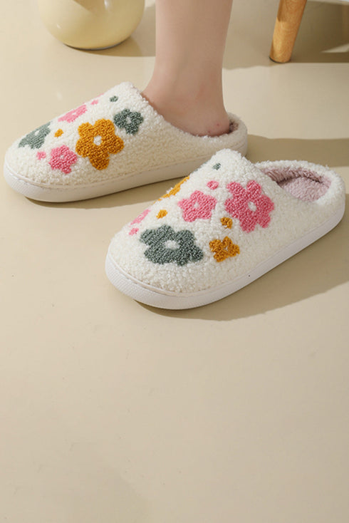 Plush Faux Fur Floral Print Slip On Slippers