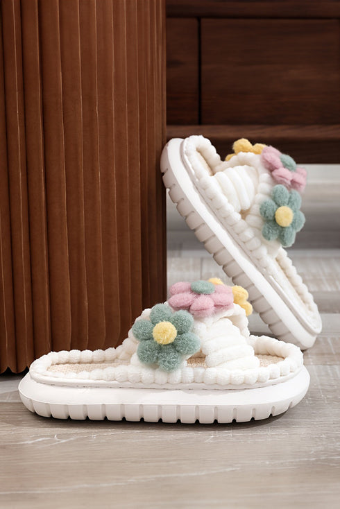 Plush Faux Fur Flower Strap Slide Slippers