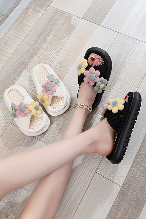 Plush Faux Fur Flower Strap Slide Slippers