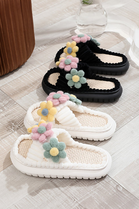 Plush Faux Fur Flower Strap Slide Slippers