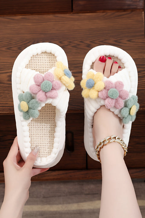 Plush Faux Fur Flower Strap Slide Slippers