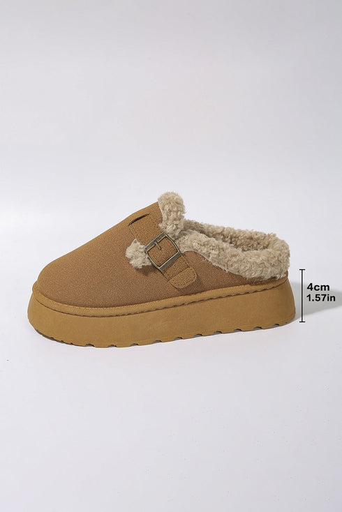 Plush Faux Fur Platform Buckle Strap Slippers