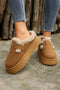 Plush Faux Fur Platform Buckle Strap Slippers