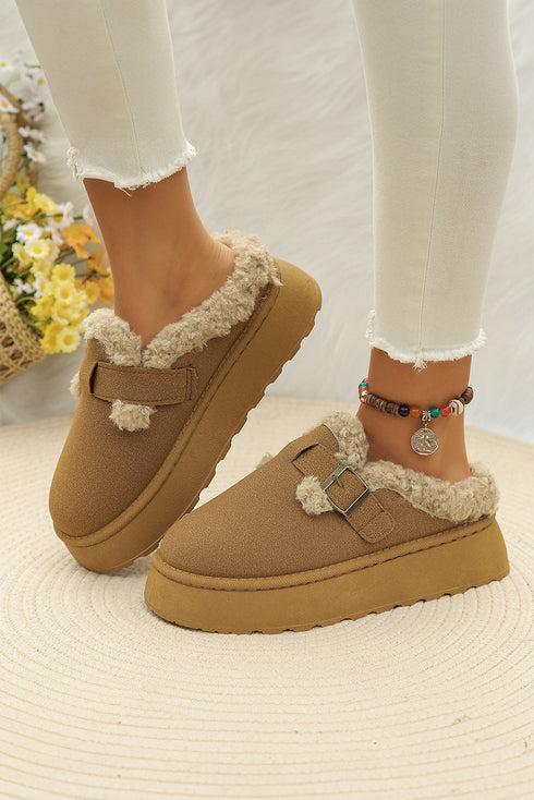 Plush Faux Fur Platform Buckle Strap Slippers