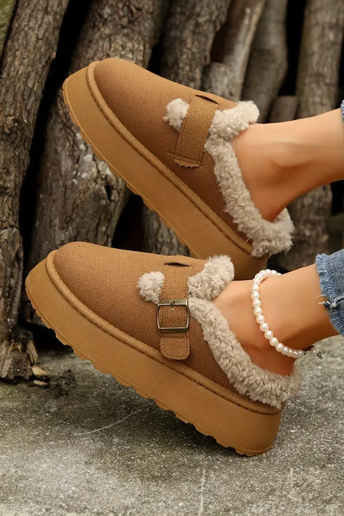 Plush Faux Fur Platform Buckle Strap Slippers